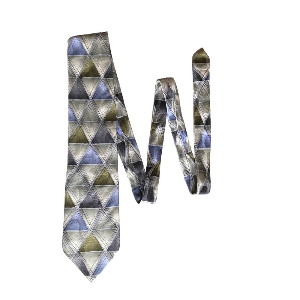 J. Garcia Men's Silk Necktie Aztec Objects Collection 28 Blue Olive‎ Silver 1996